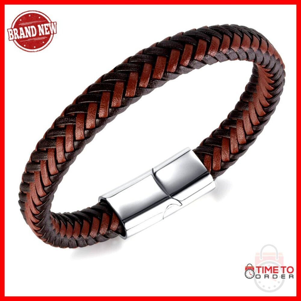 Men's Genuine Leather Multi-Layer Cuff Bracelet with Stainless Steel Clip